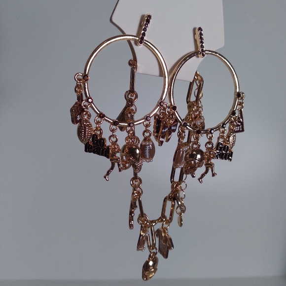 Go Team! Gold Football Charm Hoop Earrings w/Matching Charm Bracelet - Picture 3 of 8